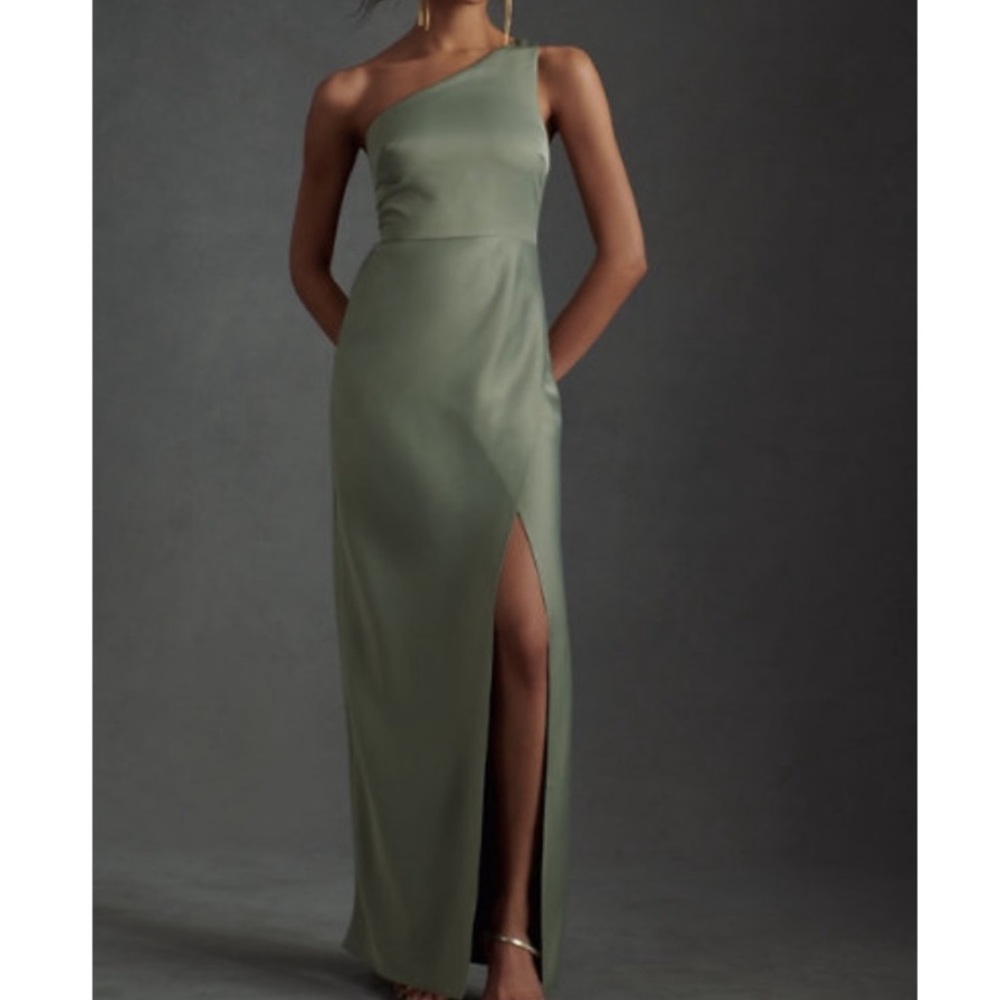 Anthropologie / BHLDN Dylan Charmeuse Maxi in Moss-Bridesmaid Dress One Shoulder